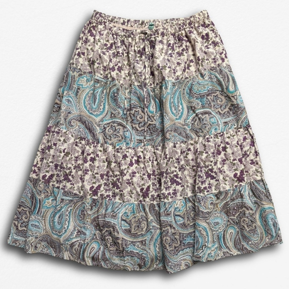Kaaku Womens Cotton Tiered Midi Skirt Purple Teal Floral Paisley Boho Peasant